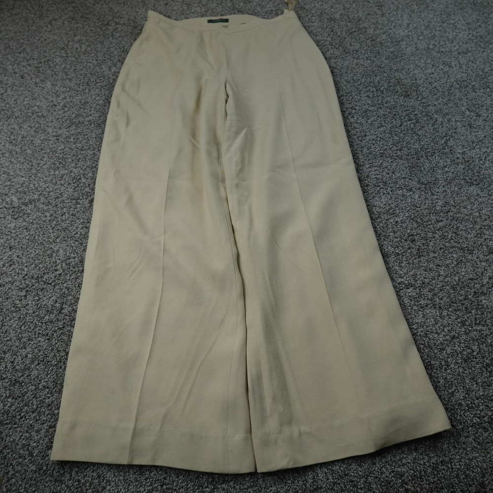 Ralph Lauren Pants Womens 12 Beige Cream Silk Wide Leg Dress Trouser Flat Front